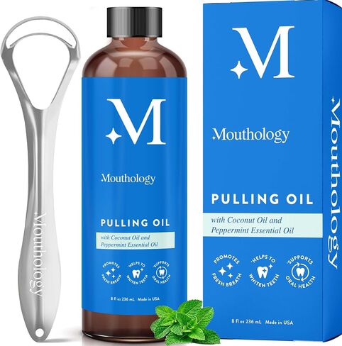 Mouthology Coconut Oil Pulling for Teeth and Gums, Whitening Pulling Oil Coconut Mint Mouthwash for Fresh Breath (Made in USA) Ayurvedic Oil Pulling Mouth Gum Health with Tongue Scraper Oral Care 8oz in Saudi Arabia