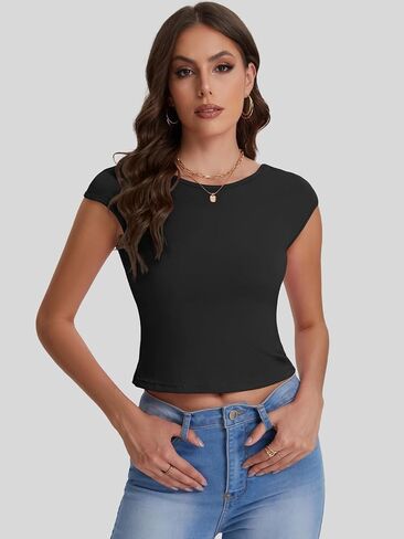 Bloggerlove المرأة مثير طاقم الرقبة عارية الذراعين المحاصيل القمم 2024 قصيرة الأكمام سليم صالح تي شيرت الأساسية Y2K كامي القمم in Kuwait