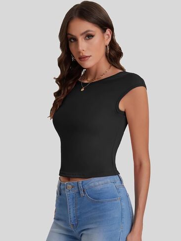 Bloggerlove المرأة مثير طاقم الرقبة عارية الذراعين المحاصيل القمم 2024 قصيرة الأكمام سليم صالح تي شيرت الأساسية Y2K كامي القمم in Kuwait