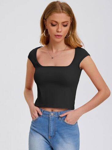 Bloggerlove المرأة مثير طاقم الرقبة عارية الذراعين المحاصيل القمم 2024 قصيرة الأكمام سليم صالح تي شيرت الأساسية Y2K كامي القمم in Kuwait