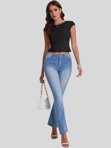 Bloggerlove المرأة مثير طاقم الرقبة عارية الذراعين المحاصيل القمم 2024 قصيرة الأكمام سليم صالح تي شيرت الأساسية Y2K كامي القمم in Kuwait