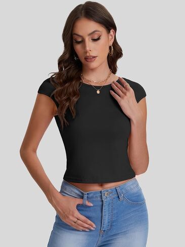 Bloggerlove المرأة مثير طاقم الرقبة عارية الذراعين المحاصيل القمم 2024 قصيرة الأكمام سليم صالح تي شيرت الأساسية Y2K كامي القمم in Kuwait