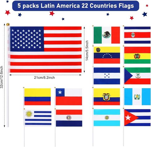 110 Pcs 22 Countries Spanish Speaking Stick Flags Small Assorted Latin America Latino Hand Held Flags Mini Flags on Sticks for Classroom Decoration Heritage Hispanic Month 8.3 x 5.5 in 5 Pack in Saudi Arabia