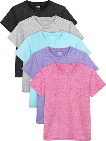 تي شيرت بناتي مناسب للجفاف مكون من 5 قطع، تي شيرت للأطفال برقبة دائرية، تي شيرت رياضي نشط للأداء الرياضي، قميص يومي كاجوال للأطفال in Kuwait