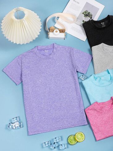 تي شيرت بناتي مناسب للجفاف مكون من 5 قطع، تي شيرت للأطفال برقبة دائرية، تي شيرت رياضي نشط للأداء الرياضي، قميص يومي كاجوال للأطفال in Kuwait