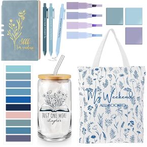 Havawish Book Lovers Gifts 16 oz Glass Cup Canvas Bag A6 Journal Notebook Ballpoint Pens Sticky Notes Highlighters for National Book Lovers Day Library Librarians Gifts(Light Green,Aesthetic) in Saudi Arabia