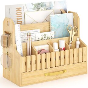 Bamboo Mail Organizer Countertop with Drawers, Wood Desk File Organizer Desktop Paper Organization Storage Bill & Letter Sorter Holder for School Home Office Supplies, No Assembly Required (White) in Kuwait