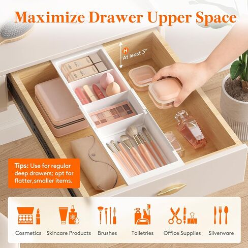 Lifewit Sliding Makeup Drawer Organizer Trays with Inserts, Extendable Hanging Desk Drawer Divider, Fits 13-20" Deep Drawers, 1.8" High Plastic Organizer Tray for Vanity, Office, Kitchen, Translucent in Saudi Arabia
