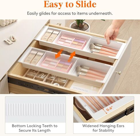Lifewit Sliding Makeup Drawer Organizer Trays with Inserts, Extendable Hanging Desk Drawer Divider, Fits 13-20" Deep Drawers, 1.8" High Plastic Organizer Tray for Vanity, Office, Kitchen, Translucent in Saudi Arabia