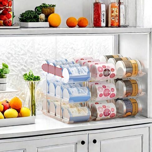 Can Organizer for Pantry ، 3 مجموعات 3 مستويات يمكن مخزن التخزين منظم ، منظم علبة الصودا لثلاجة 36 علب رف منظم الطعام القابل للتكديس ، Clear Clear in Kuwait
