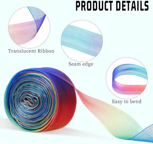 cobee 25 Yards Rainbow Ribbons, Organza Chiffon Ribbon for Gift Wrapping, Rainbow Satin Ribbon for Gift Wrapping Wedding Party Decoration(25 Yards) in Saudi Arabia