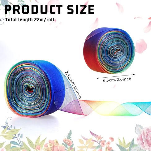 cobee 25 Yards Rainbow Ribbons, Organza Chiffon Ribbon for Gift Wrapping, Rainbow Satin Ribbon for Gift Wrapping Wedding Party Decoration(25 Yards) in Saudi Arabia