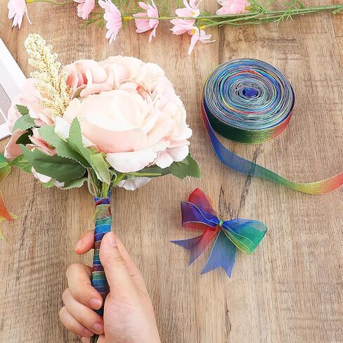 cobee 25 Yards Rainbow Ribbons, Organza Chiffon Ribbon for Gift Wrapping, Rainbow Satin Ribbon for Gift Wrapping Wedding Party Decoration(25 Yards) in Saudi Arabia