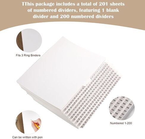 Yeaqee 1-200 Tab Dividers, Numbered Dividers, Un-Punched, Letter Size, White in Saudi Arabia