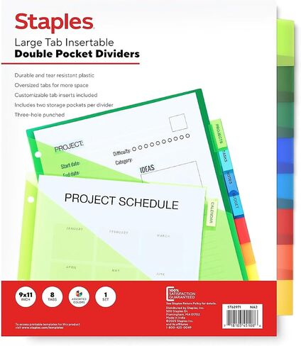 Staples Tab Tab Blasty Blastic اثنين من المقسمات القابلة للإدخال ، 8-Tabs ، متعدد الألوان (ST62971) in Kuwait