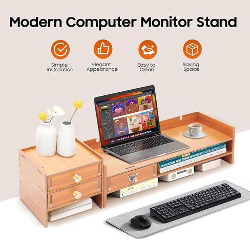 Wood Computer Monitor Stand, Computer Rack with Adjustable Desktop Storage Organizer and Drawer, Tabletop Monitor Stand for Computer Printer Cellphone in Kuwait