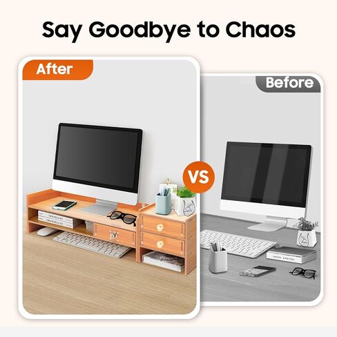 Wood Computer Monitor Stand, Computer Rack with Adjustable Desktop Storage Organizer and Drawer, Tabletop Monitor Stand for Computer Printer Cellphone in Kuwait