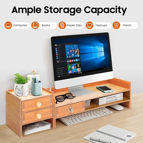 Wood Computer Monitor Stand, Computer Rack with Adjustable Desktop Storage Organizer and Drawer, Tabletop Monitor Stand for Computer Printer Cellphone in Kuwait