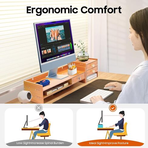 Wood Computer Monitor Stand, Computer Rack with Adjustable Desktop Storage Organizer and Drawer, Tabletop Monitor Stand for Computer Printer Cellphone in Kuwait