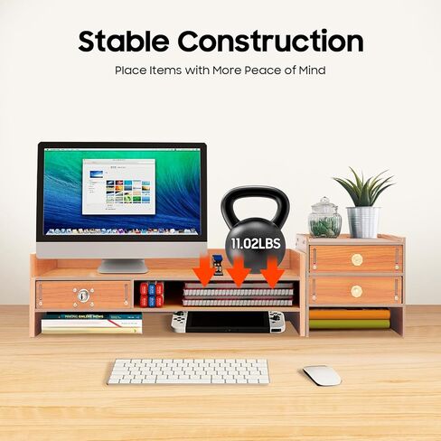 Wood Computer Monitor Stand, Computer Rack with Adjustable Desktop Storage Organizer and Drawer, Tabletop Monitor Stand for Computer Printer Cellphone in Kuwait