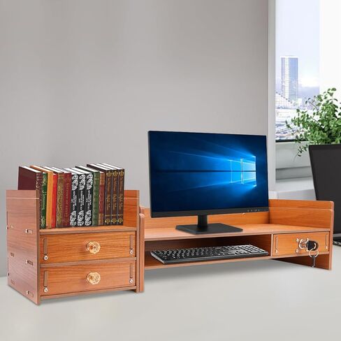 Wood Computer Monitor Stand, Computer Rack with Adjustable Desktop Storage Organizer and Drawer, Tabletop Monitor Stand for Computer Printer Cellphone in Kuwait