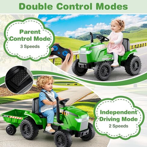 Costzon Ride on Tractor with Trailer, 12V Battery Powered Electric Vehicles with Remote Control, Music & Lights, Kids Tractor Ride on Toy with Shockproof EVA Wheels, Gift (EVA Tires, Dark Green) in Kuwait