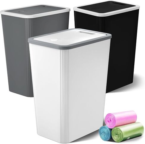 Small Trash Can, 3 Pack 4 Gallons Bathroom Garbage Can with Lid Press-Top, Small Waste Basket with Trash Bags, Slim Plastic Garbage Bin for Dorm, Office, Bedroom, Kitchen, Living Room (Multi) in Saudi Arabia