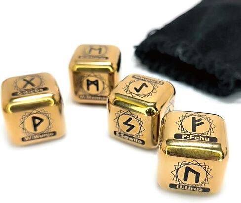 4 Pcs/Set Metal Rune Dice Set, 24 Carved Elder Furthark Alphabet Viking Rune Stainless Steel Dices for Divination Prediction Game (Gold) in Kuwait
