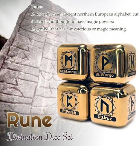 4 Pcs/Set Metal Rune Dice Set, 24 Carved Elder Furthark Alphabet Viking Rune Stainless Steel Dices for Divination Prediction Game (Gold) in Kuwait