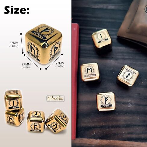 4 Pcs/Set Metal Rune Dice Set, 24 Carved Elder Furthark Alphabet Viking Rune Stainless Steel Dices for Divination Prediction Game (Gold) in Kuwait