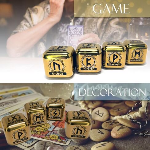 4 Pcs/Set Metal Rune Dice Set, 24 Carved Elder Furthark Alphabet Viking Rune Stainless Steel Dices for Divination Prediction Game (Gold) in Kuwait