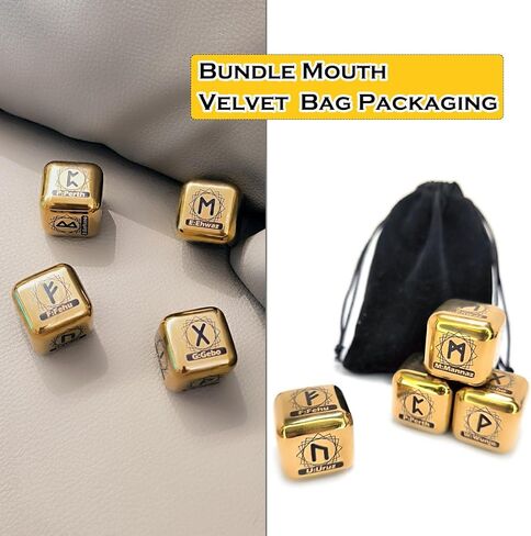 4 Pcs/Set Metal Rune Dice Set, 24 Carved Elder Furthark Alphabet Viking Rune Stainless Steel Dices for Divination Prediction Game (Gold) in Kuwait