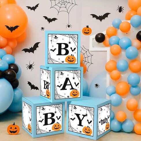Epakh 4 Pcs Halloween Balloons Boxes Baby Shower Decorations Blue a Little Boo Is Almost Due Ghost Pumpkin Spider Balloon Boxes with Letters for Halloween Baby Shower Gender Reveal Birthday Party in Saudi Arabia