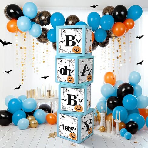Epakh 4 Pcs Halloween Balloons Boxes Baby Shower Decorations Blue a Little Boo Is Almost Due Ghost Pumpkin Spider Balloon Boxes with Letters for Halloween Baby Shower Gender Reveal Birthday Party in Saudi Arabia