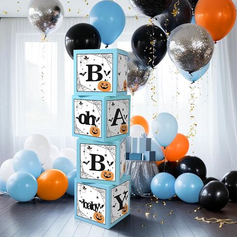 Epakh 4 Pcs Halloween Balloons Boxes Baby Shower Decorations Blue a Little Boo Is Almost Due Ghost Pumpkin Spider Balloon Boxes with Letters for Halloween Baby Shower Gender Reveal Birthday Party in Saudi Arabia