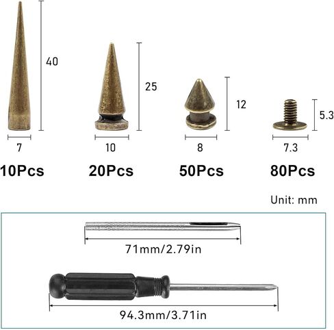 80sets Spike Studs for Clothing,Bronze Multi Spikes and Studs Kit for Clothes Crafts 7x40mm 10x25mm 8x12mm in Kuwait