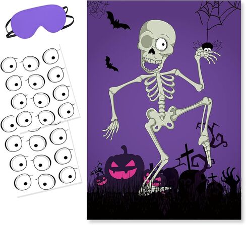 BORAMDO Pin The Eyeball on Mr.Bone Halloween Party Game Skeleton Poster with 24 Pieces Eyeball Stickers and A Blindfold for Halloween Party Supplies Classroom Games in Kuwait