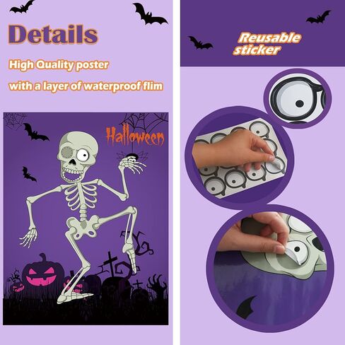 BORAMDO Pin The Eyeball on Mr.Bone Halloween Party Game Skeleton Poster with 24 Pieces Eyeball Stickers and A Blindfold for Halloween Party Supplies Classroom Games in Kuwait