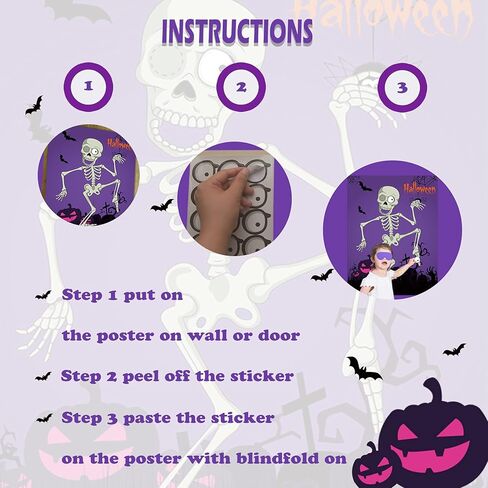 BORAMDO Pin The Eyeball on Mr.Bone Halloween Party Game Skeleton Poster with 24 Pieces Eyeball Stickers and A Blindfold for Halloween Party Supplies Classroom Games in Kuwait