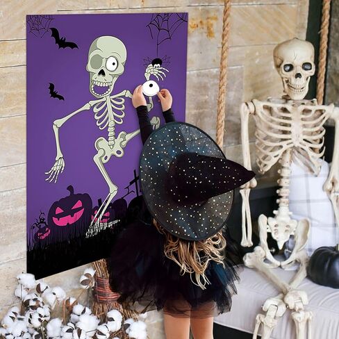 BORAMDO Pin The Eyeball on Mr.Bone Halloween Party Game Skeleton Poster with 24 Pieces Eyeball Stickers and A Blindfold for Halloween Party Supplies Classroom Games in Kuwait