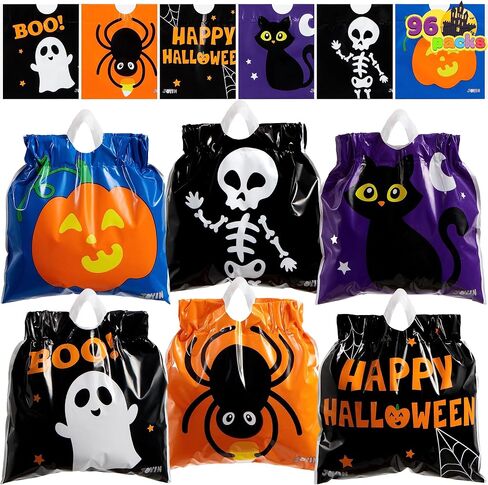 Joyin 96 PCS Halloween Armetring Candy Calcs ، Trick Trick أو Treat Goodie Bags بشكل كبير ، 6 تصميمات هدايا هالوين بلاستيكية للأطفال خدعة أو علاج ، فتيات الفتيات يفضل الإمداد in Saudi Arabia