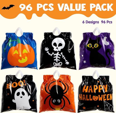 Joyin 96 PCS Halloween Armetring Candy Calcs ، Trick Trick أو Treat Goodie Bags بشكل كبير ، 6 تصميمات هدايا هالوين بلاستيكية للأطفال خدعة أو علاج ، فتيات الفتيات يفضل الإمداد in Saudi Arabia