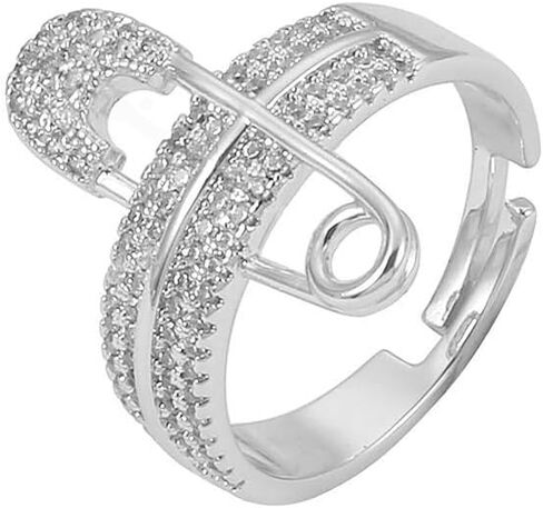 Wide Flat CZ Safety Pin Chunky Open Rings Fashion Cubic Zirconia Paved Expandable Engagement Promise Statement Band Rings 14k Gold Plated Opening Rings for Women Teenage Girls Birthday Party 17mm in Saudi Arabia