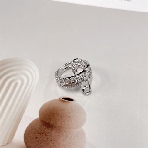 Wide Flat CZ Safety Pin Chunky Open Rings Fashion Cubic Zirconia Paved Expandable Engagement Promise Statement Band Rings 14k Gold Plated Opening Rings for Women Teenage Girls Birthday Party 17mm in Saudi Arabia