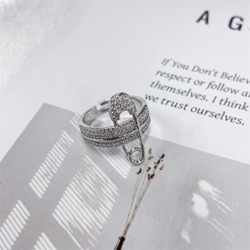 Wide Flat CZ Safety Pin Chunky Open Rings Fashion Cubic Zirconia Paved Expandable Engagement Promise Statement Band Rings 14k Gold Plated Opening Rings for Women Teenage Girls Birthday Party 17mm in Saudi Arabia
