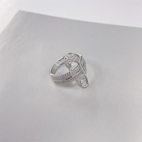 Wide Flat CZ Safety Pin Chunky Open Rings Fashion Cubic Zirconia Paved Expandable Engagement Promise Statement Band Rings 14k Gold Plated Opening Rings for Women Teenage Girls Birthday Party 17mm in Saudi Arabia