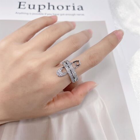 Wide Flat CZ Safety Pin Chunky Open Rings Fashion Cubic Zirconia Paved Expandable Engagement Promise Statement Band Rings 14k Gold Plated Opening Rings for Women Teenage Girls Birthday Party 17mm in Saudi Arabia