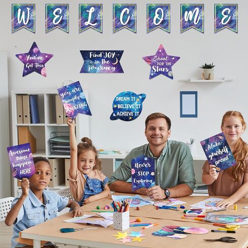 Outus 28 Pcs Welcome to Space Bulletin Board Posters Outer Space Classroom Decorations Galaxy Star Motivational Cutouts Inspirational Quotes Posters for Teachers Students Home School Supplies in Saudi Arabia
