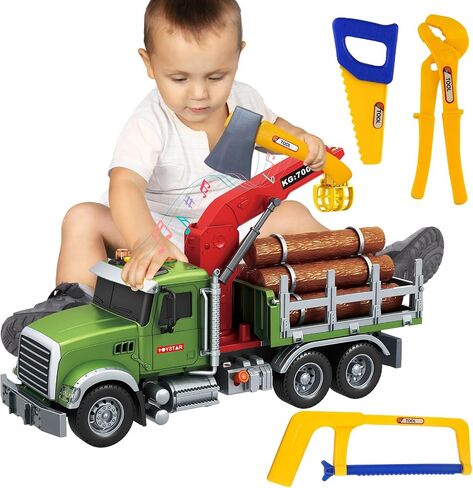 15 بوصة ، تعمل لعبة Truck Truck Truck 15 بوصة مع رافعة تحميل ، 6 سجلات خشبية وأضواء/أصوات - لعب مركبة هدية للبنين فتيات الأطفال الأعمار من 3-7 in Kuwait