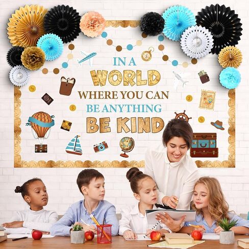 PasiMy 3D Travel Bulletin Board Set Adventure Explore Device Planchroom Decor مع Pompoms Paper Fans Fans Inspirational Cliter Map Cutout for Back to School Window Door Door Supplies (Popular) in Saudi Arabia